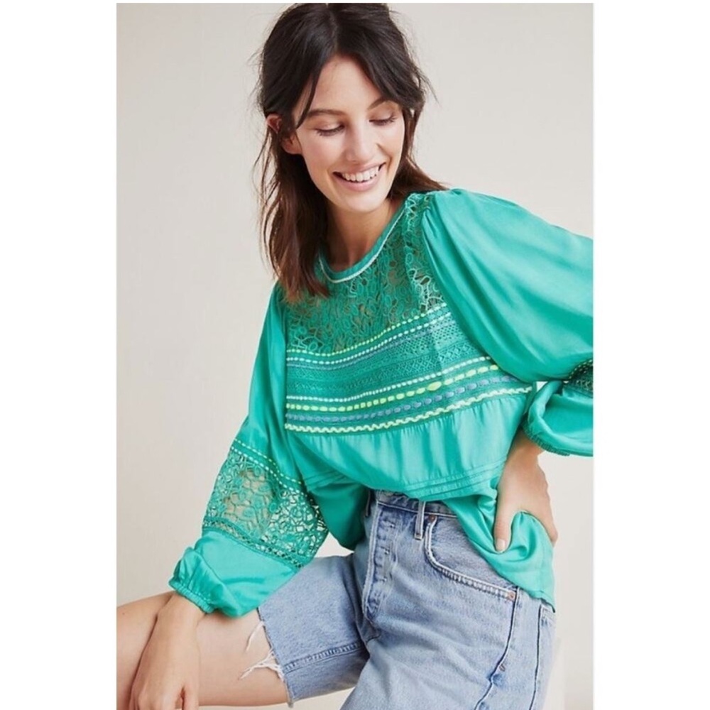 Anthropologie BLANK London Green Lace Long Sleeve Blouse Boho Medium women’s